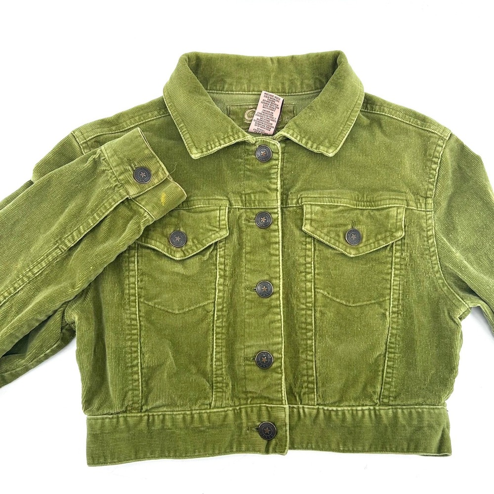 Star Jeans Womens Sz S Green Corduroy Cropped Trucker Jacket Button Up Y2K Retro